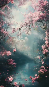 Dreamlike river scene framed by pink cherry blossoms.