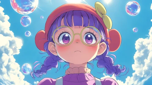 Anime girl with glasses under bright sky and bubbles.