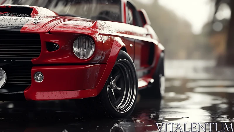 Wet-lensed closeup of red classic muscle car front quarter.