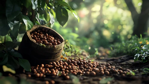 Sunlit forest harvest spilling from a rustic wooden barrel.