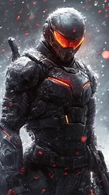 Armored futuristic soldier in snow with orange visor.