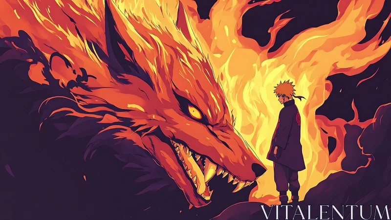 Human figure before large flaming fox entity at night.