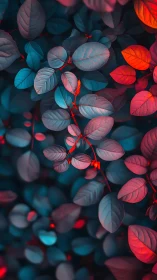 Neon-tinted foliage under dramatic dual-tone lighting.