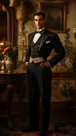 Elegant gentleman in black tuxedo in vintage parlor.