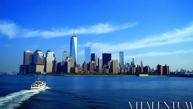 Skyscraper skyline over deep blue harbor at midday.