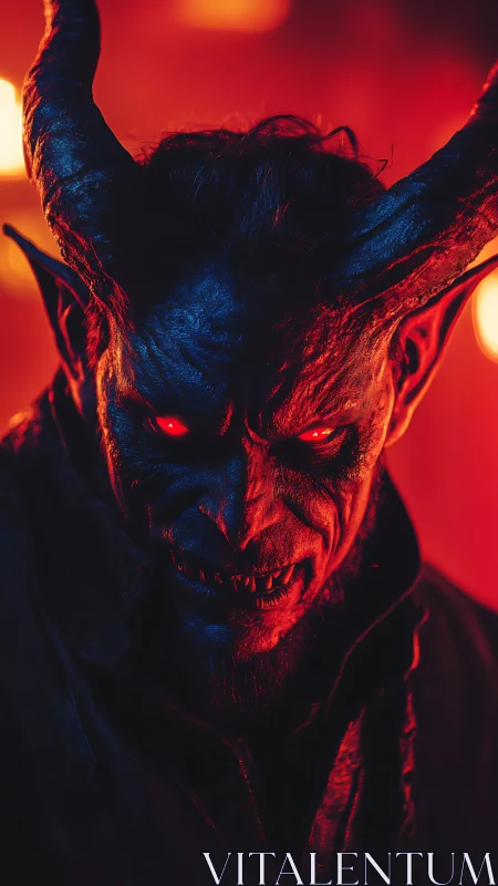 Demonic horned figure glows under infernal red backlight.
