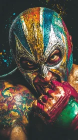 Masked wrestler portrait with multicolor paint splashes.