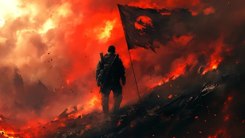 Solitary armed figure with flag in burning battlefield landscape.