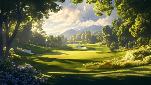 Sunlit mountain golf fairway framed by lush forest greens.
