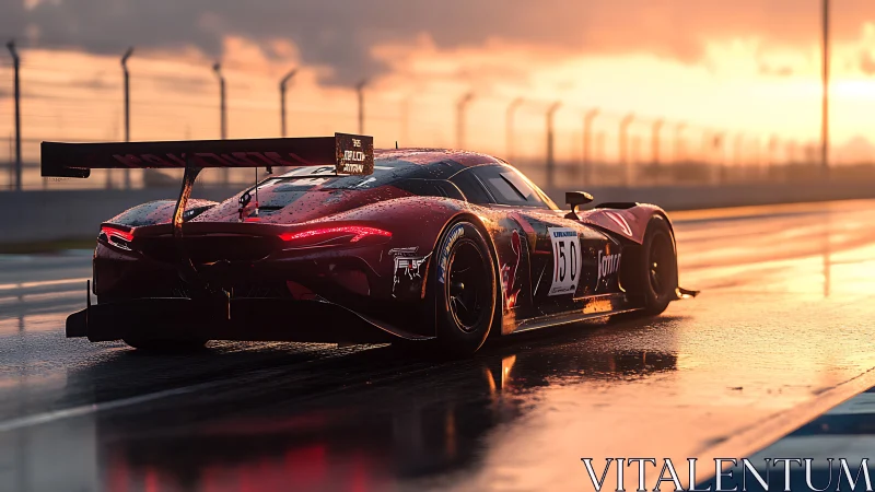 Sunlit race car resting on a rain-soaked track at dusk.