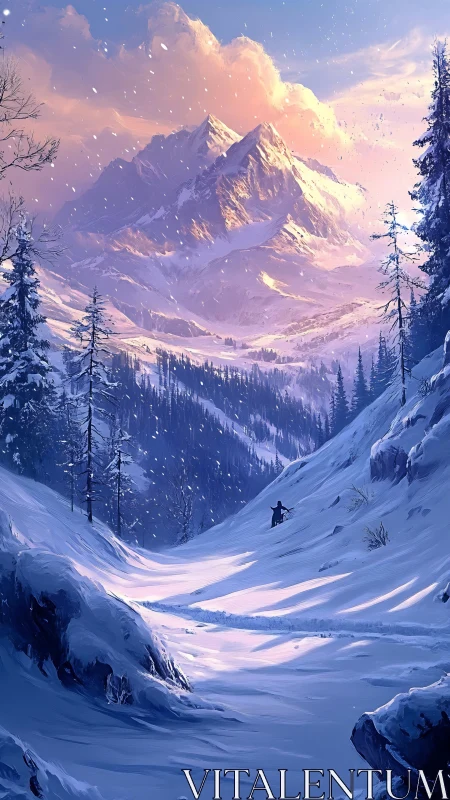 Snow-covered alpine valley extends toward distant mountain ridge