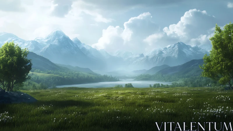 Whispering meadow before mist-veiled snowcapped mountains.