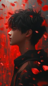 Crimson petals whisper around a lone, rainlit profile.