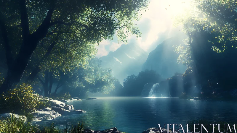 Sunlit forest lake with distant waterfall and mountains.