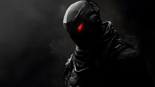 Midnight android sentinel with scarlet predator stare.