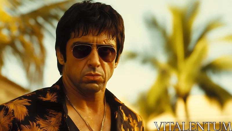 Tough-looking man in sunglasses confronts the tropical heat