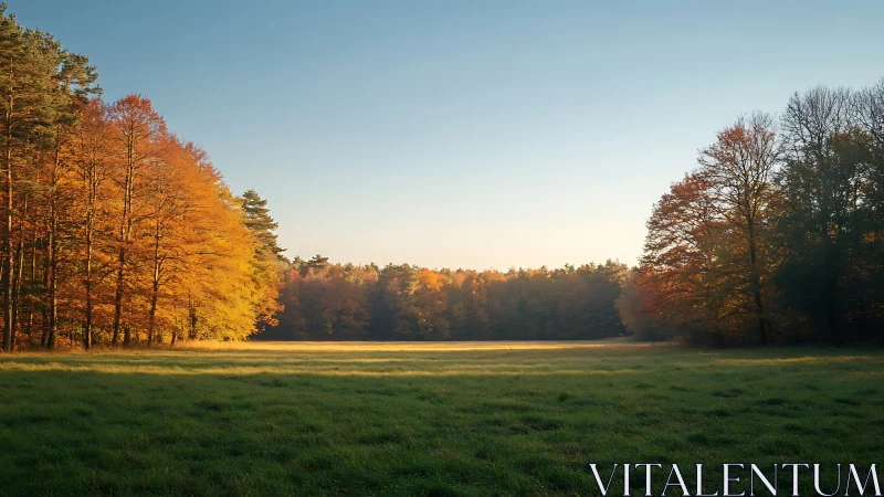 Low-angle autumn treeline framing sunlit meadow plane at dusk.