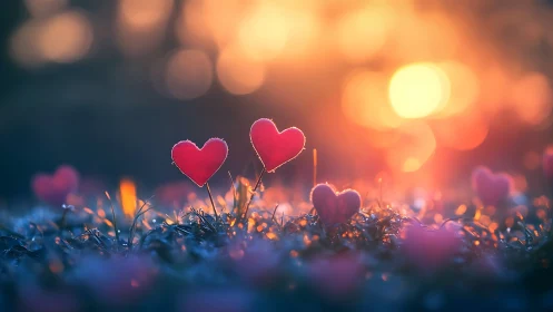 Luminescent Hearts Bloom in Golden Twilight Reverie.