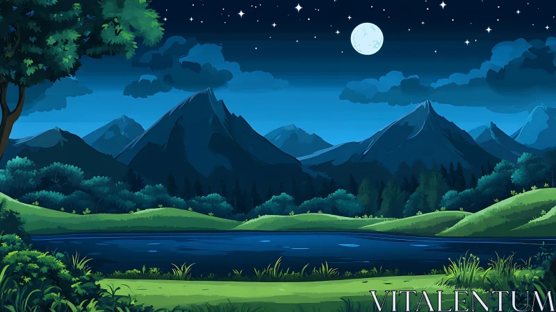 Moonlit valley lake under dreamy blue mountain skies.