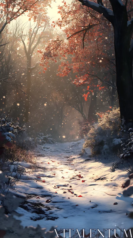 Autumn's Magic: A Snowy Forest Path Glows With Warmth