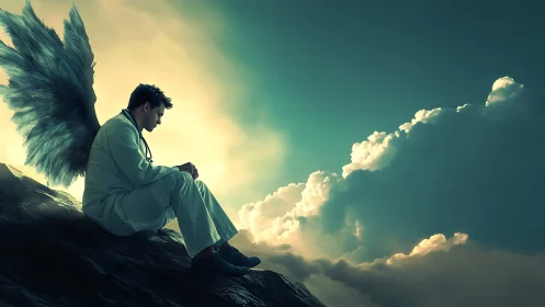 Winged healer rests on the cliff edge between storms