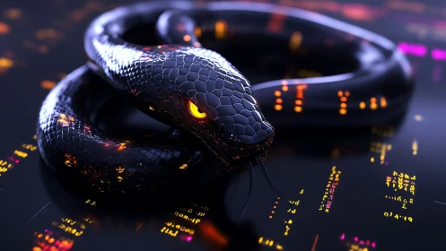 Cyber serpent coils through neon code in a digital abyss.
