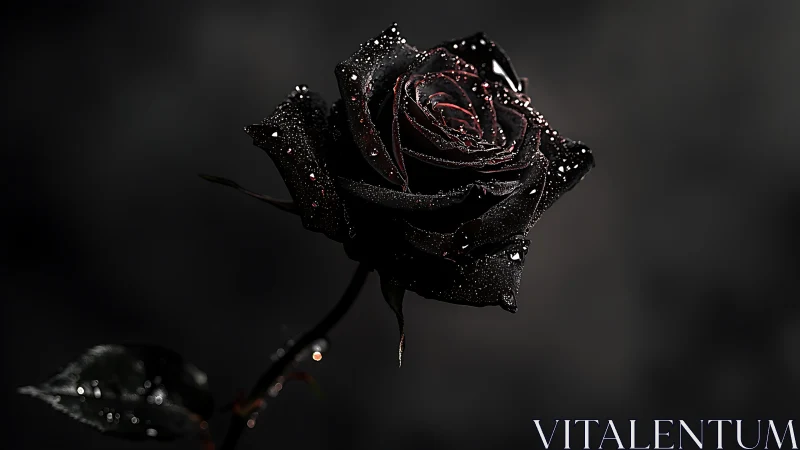 Midnight dew on a noir rose in cinematic shadow bloom.