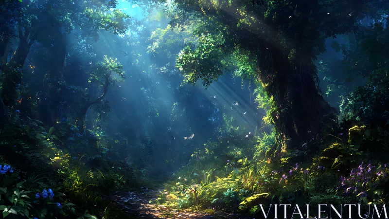 Dense Forest Canopy with Dappled Sunlight Illuminating Undergrowth