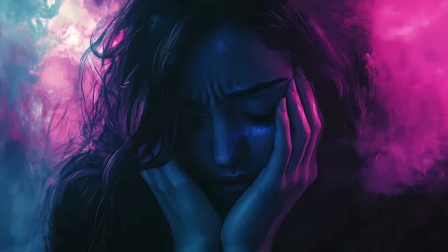 Melancholic portrait in neon magenta and cyan haze.