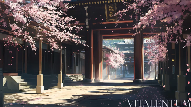 Temple courtyard under soft spring cherry blossoms at dawn.