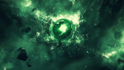 Emerald energy core pulsing within fractured cosmic vortex
