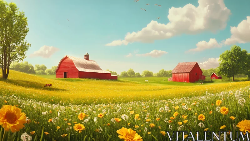 Red agricultural buildings stand in yellow flowering pastureland