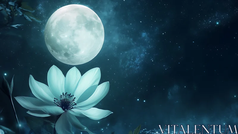 Moonlit lotus under deep blue celestial night sky.