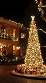Illuminated outdoor Christmas tree and decorated brick home.