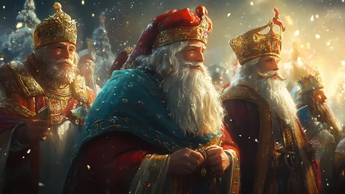 Crowned winter kings stride through snowfall in golden splendor.