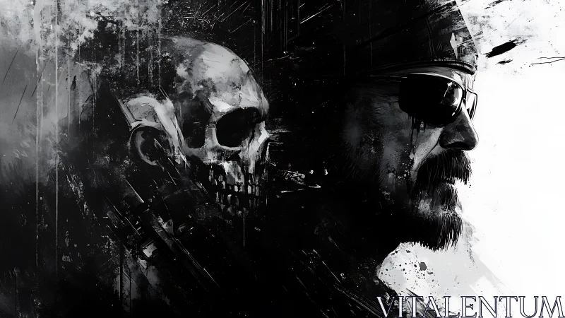 Grim biker and lurking skull collide in ink-slashed chiaroscuro.