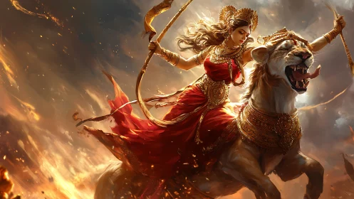 Armed celestial warrior riding armored lion amid firestorm.