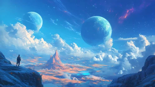 Solitary explorer overlooking twin planets above luminous clouds
