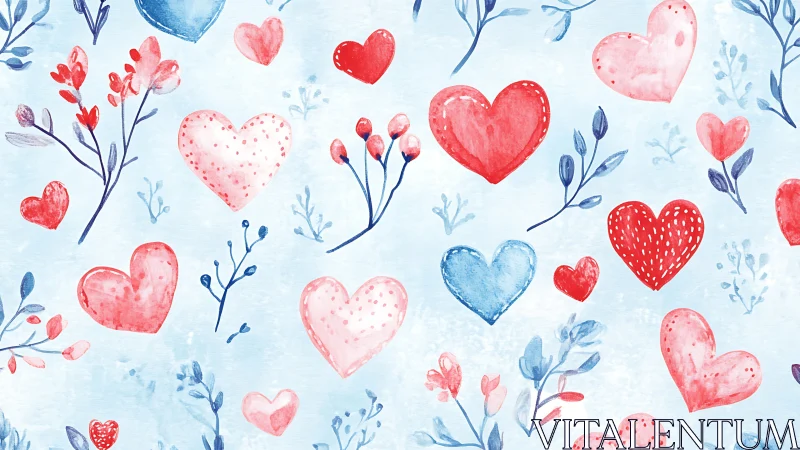 Watercolor Hearts and Botanical Pattern on Light Blue Background