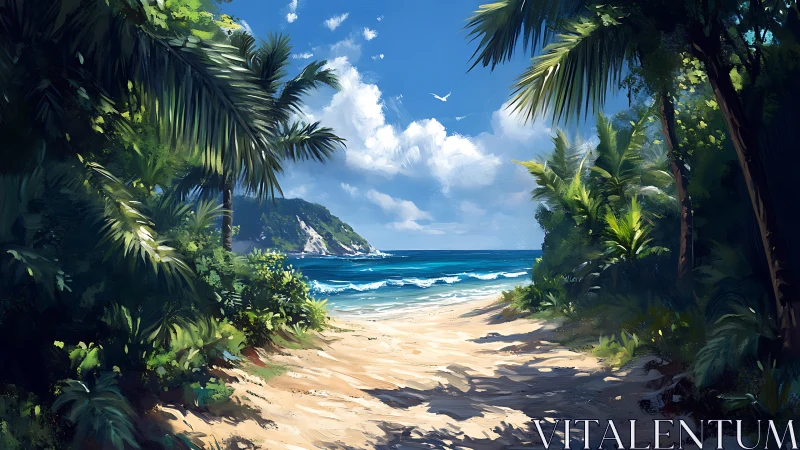 Tropical Beach Cove View Through Palms