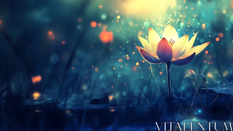 Digital lotus flower over water with glowing light particles.