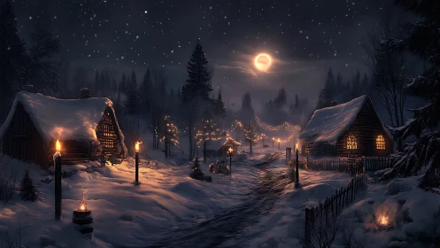 Winter village lane under moonlit sky and warm lantern glow.