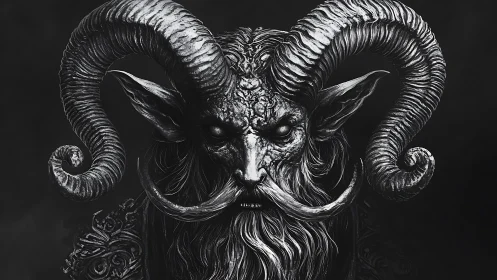 Ancient horned guardian watching from the shadowed dark.