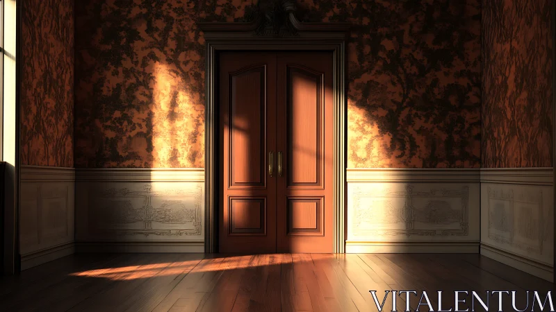 Sunlit wooden door dividing a richly patterned corridor.