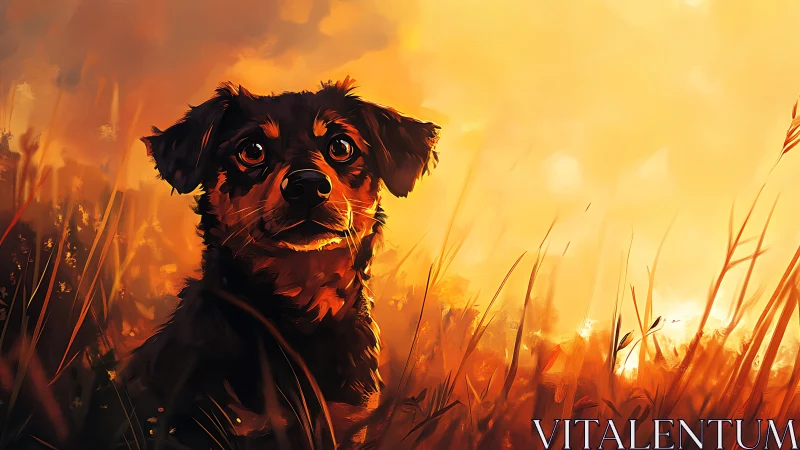 Dog in tall grass under orange sunset light digital artwork.