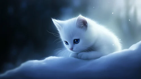 White feline with cerulean ocular regions positioned on crystalline snow substrate