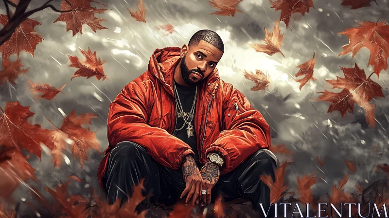 Urban portrait under stormy sky with swirling autumn leaves.