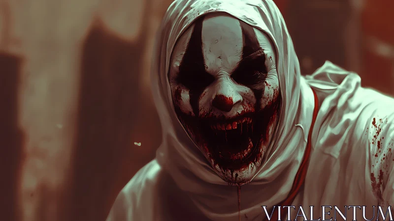 Grotesque bloodstained clown in hooded white costume
