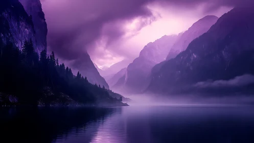 Violet mist drifts through silent glacier-carved valley lake.