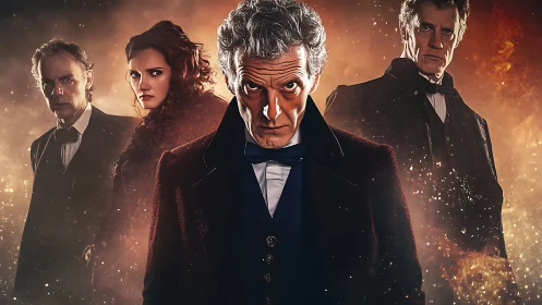 Cinematic ensemble portrait uses dramatic backlighting and flare